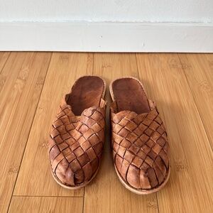 Woven Brown Leather Mules